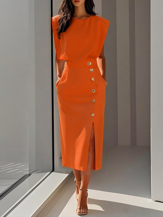 Quinn | Structured Shoulder Sleeveless Button Detail Midi Elegant Dress