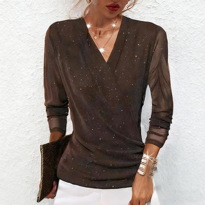 Maribel | Women's Elegant Draped Sparkle V Neck Blouse