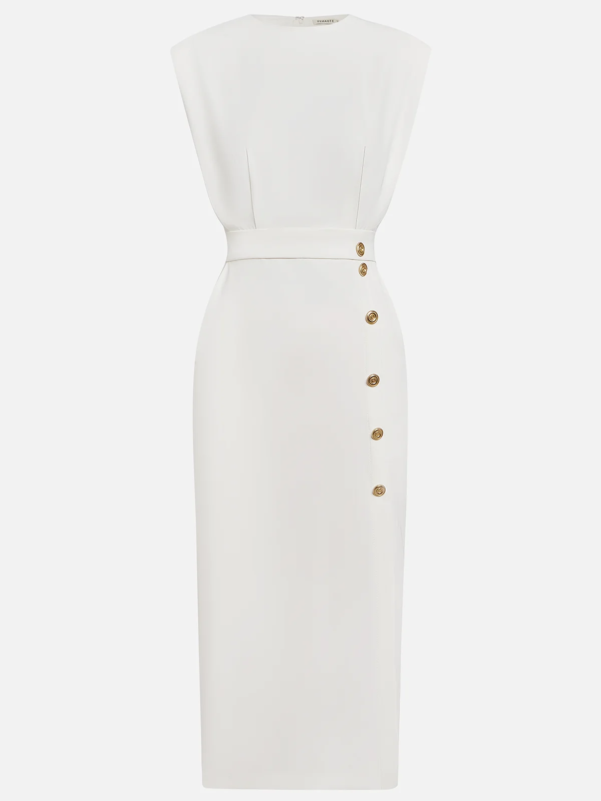 Quinn | Structured Shoulder Sleeveless Button Detail Midi Elegant Dress