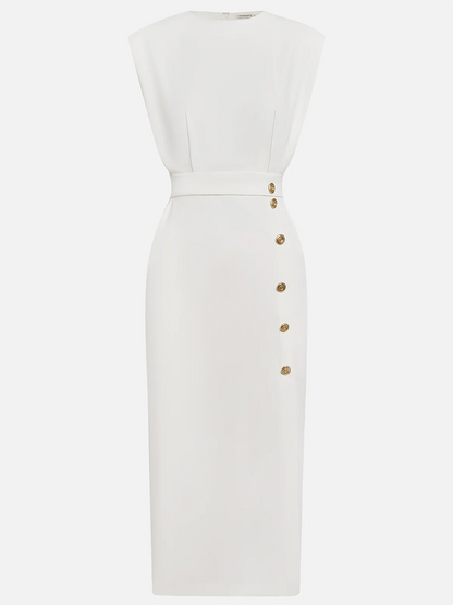 Quinn | Structured Shoulder Sleeveless Button Detail Midi Elegant Dress