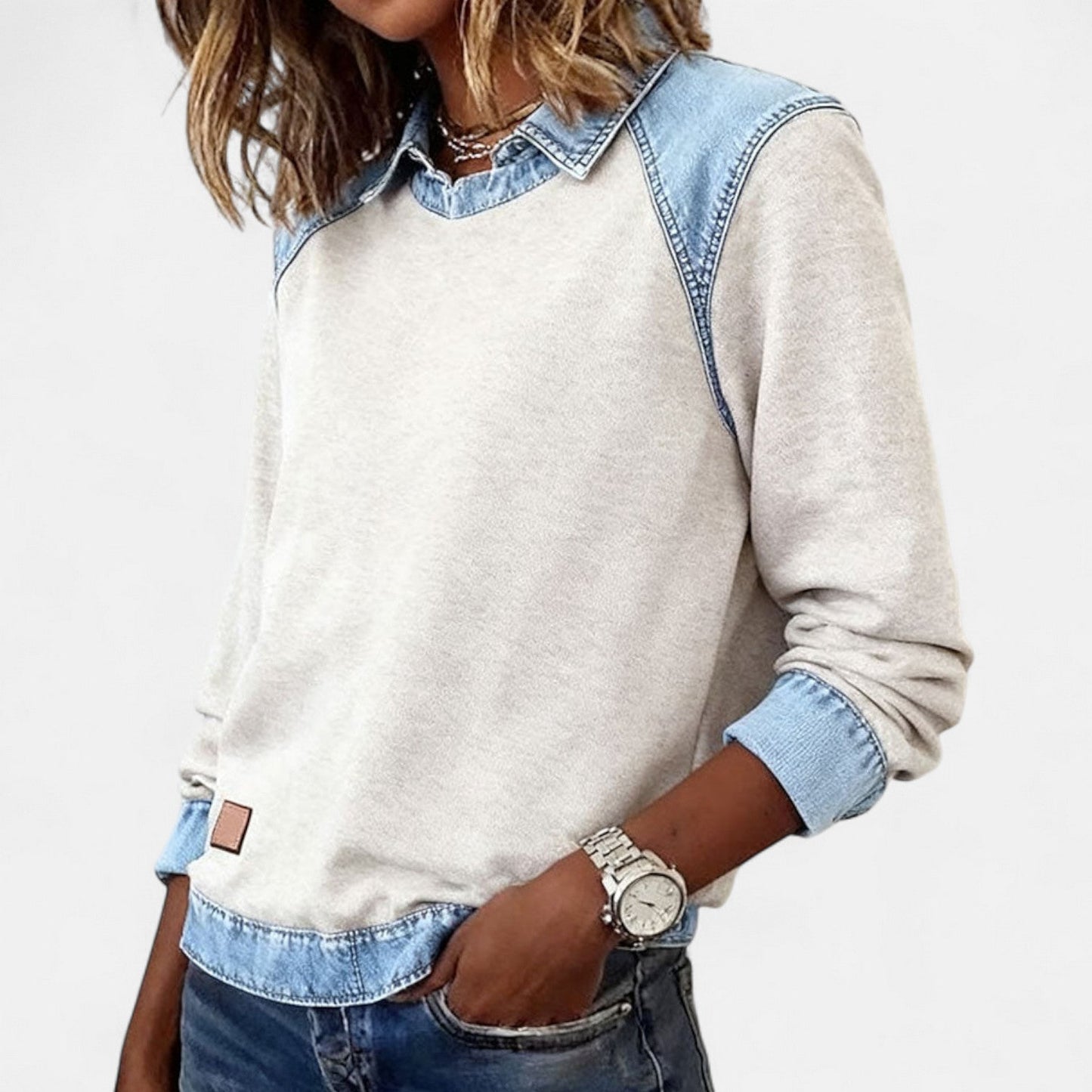 Marlowe | Women's Denim Contrast Colour Block Long Sleeve Sweatshirt