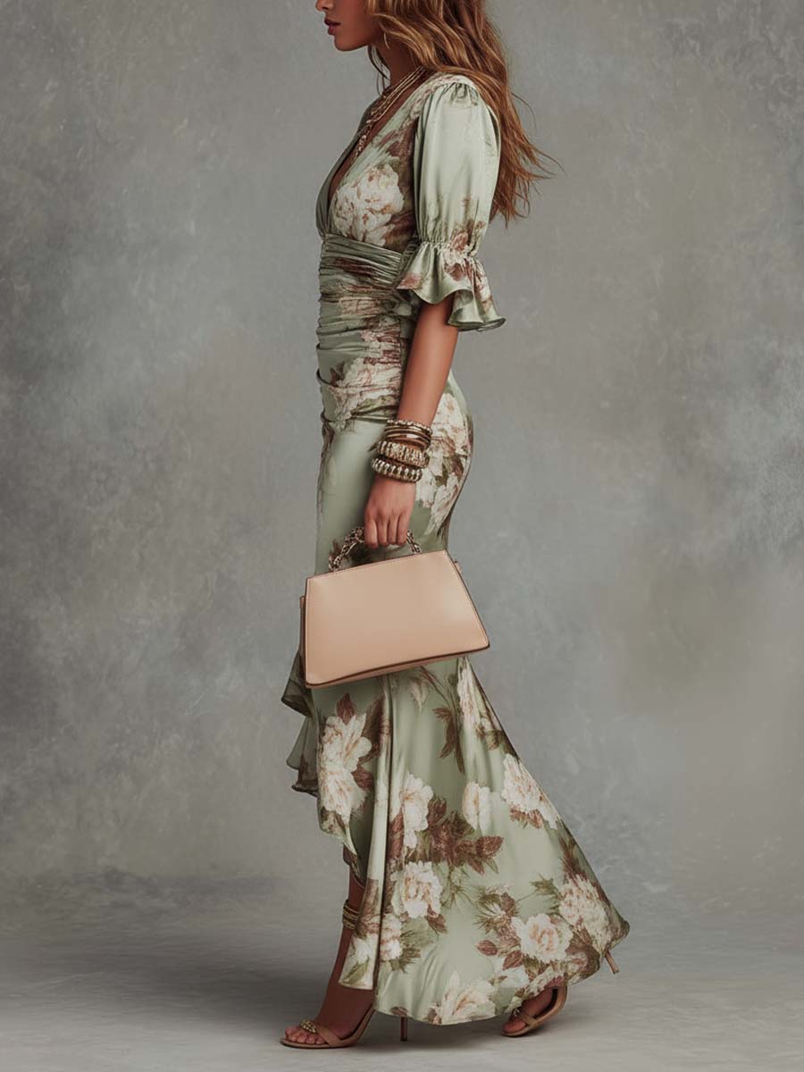 Rosalind | Women's Floral Satin V-Neck Ruffle Hem Maxi Dress