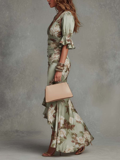 Rosalind | Women's Floral Satin V-Neck Ruffle Hem Maxi Dress