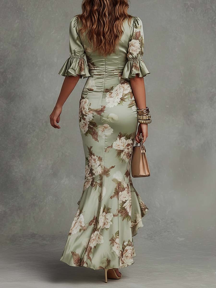 Rosalind | Women's Floral Satin V-Neck Ruffle Hem Maxi Dress