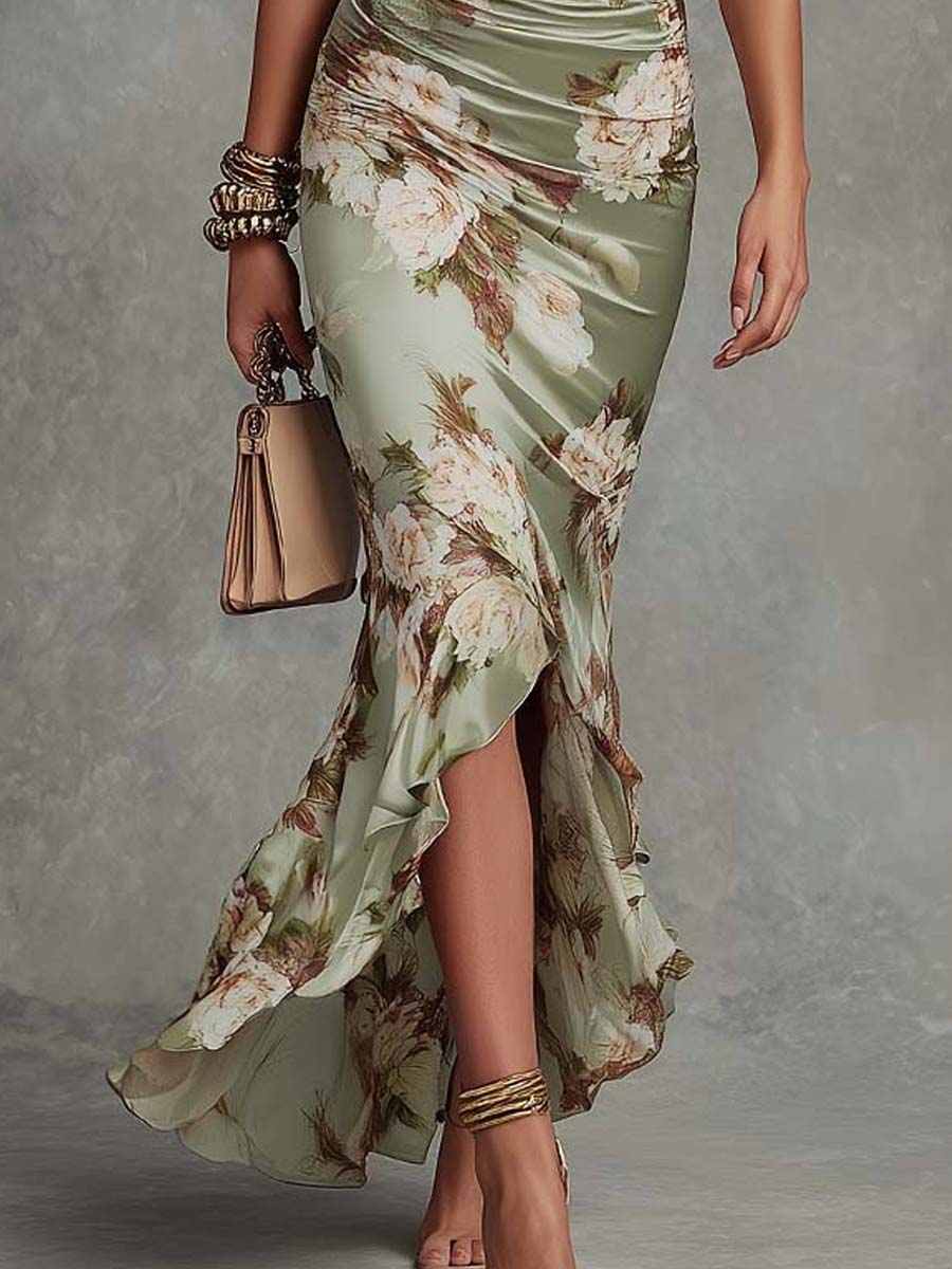 Rosalind | Women's Floral Satin V-Neck Ruffle Hem Maxi Dress