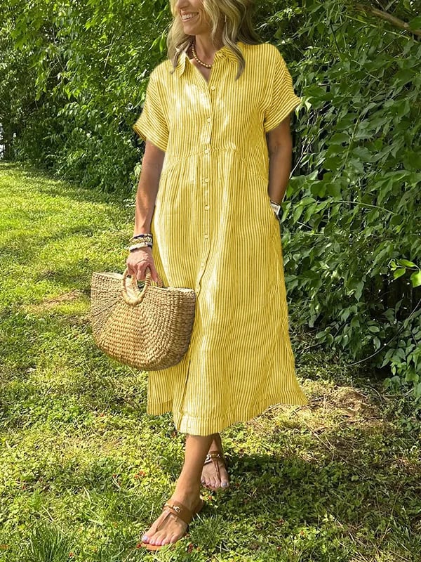 Brooke | Short Sleeve Striped Collared Button Up Casual Summer Midi Dress