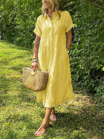 Brooke | Short Sleeve Striped Collared Button Up Casual Summer Midi Dress