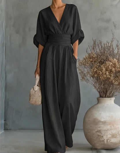 Genevieve | Women's Elegant V-Neck Wide Leg Wedding Guest Jumpsuit