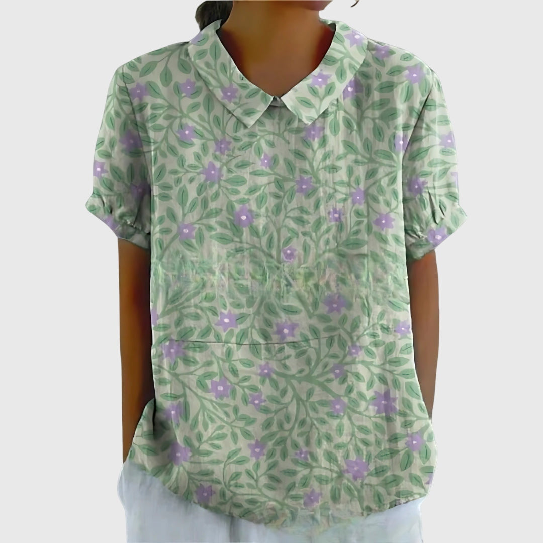 Jenna | Short Sleeve Floral Print Collared Relaxed Linen Blouse