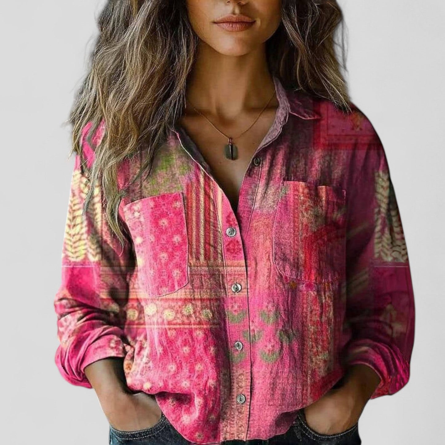 Lorenhilde | Floral Colorblock Long Sleeve Button Down Relaxed Boho Blouse