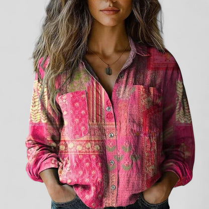 Lorenhilde | Floral Colorblock Long Sleeve Button Down Relaxed Boho Blouse