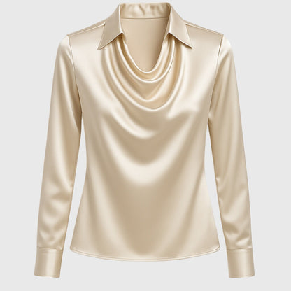 Brooklyn | Collared Cowl Neck Satin Long Sleeve Elegant Blouse