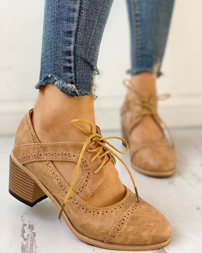 Daphne | Perforated Lace Up Cutout Block Heel Oxford