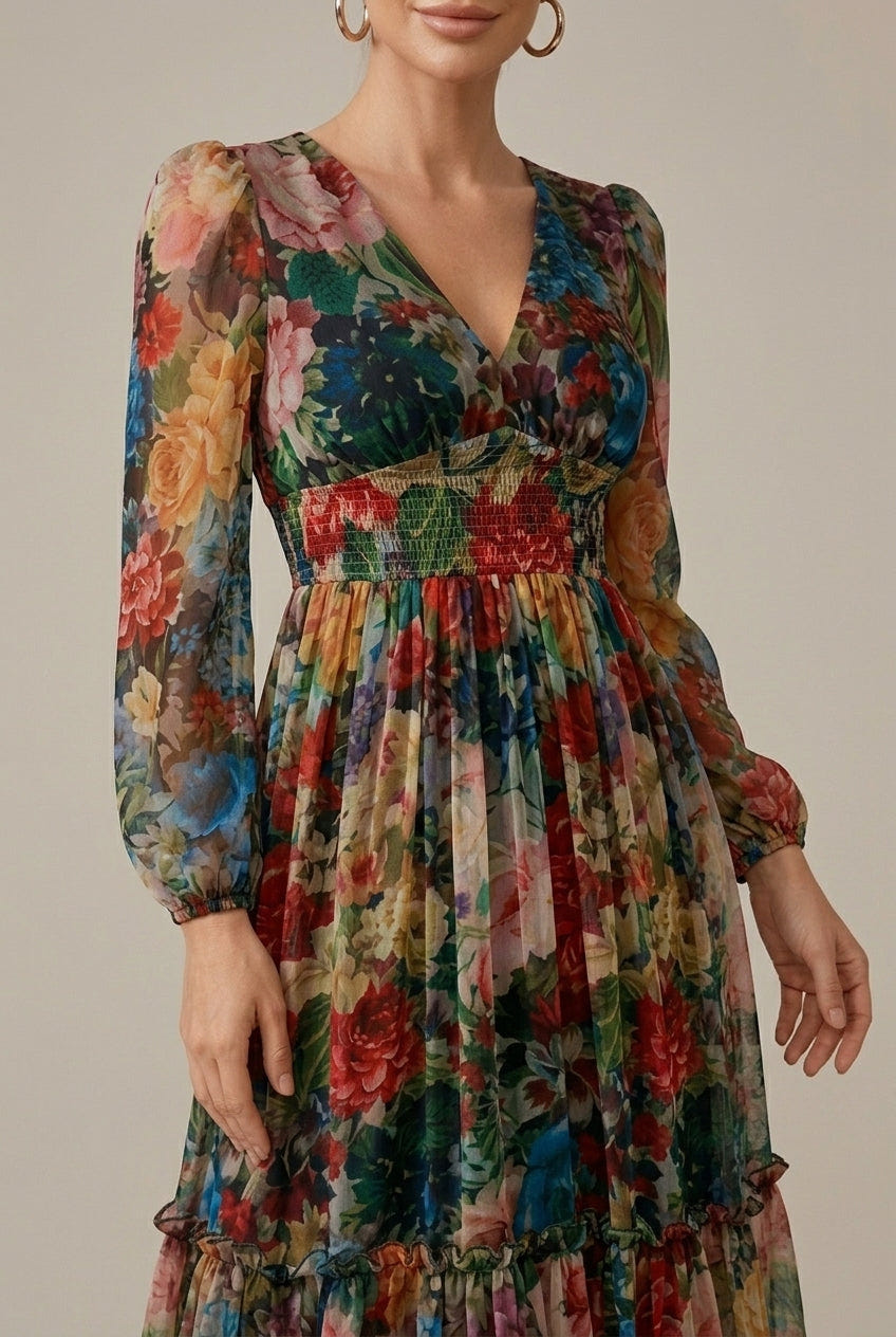 Vera | Floral Long Sleeve V Neck Tiered Ruffle Maxi Dress