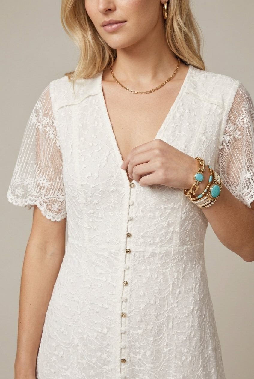 Clara | Lace V Neck Short Sleeve Button Front Maxi Dress