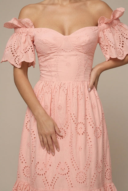 Lily | Eyelet Off Shoulder Ruffle Sleeve Midi Wedding Guest Dress