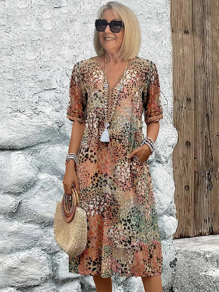 Ruby | Short Sleeve Floral V Neck Relaxed Casual Summer Midi Dress