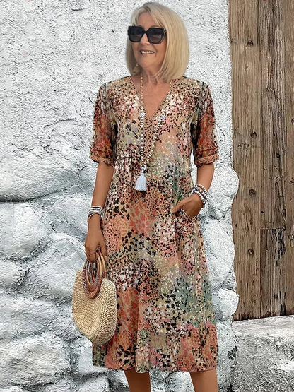 Ruby | Short Sleeve Floral V Neck Relaxed Casual Summer Midi Dress