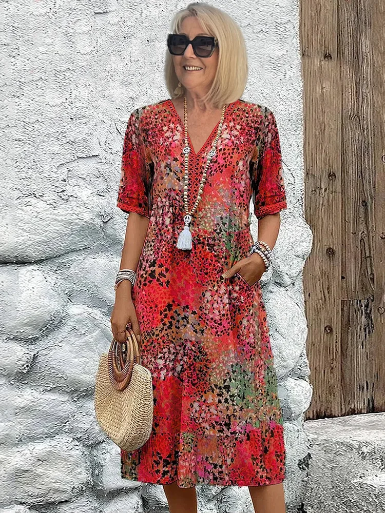 Ruby | Short Sleeve Floral V Neck Relaxed Casual Summer Midi Dress