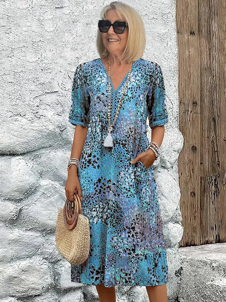 Ruby | Short Sleeve Floral V Neck Relaxed Casual Summer Midi Dress