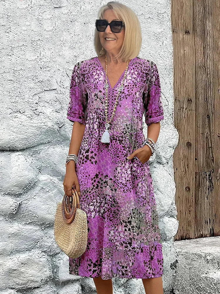 Ruby | Short Sleeve Floral V Neck Relaxed Casual Summer Midi Dress