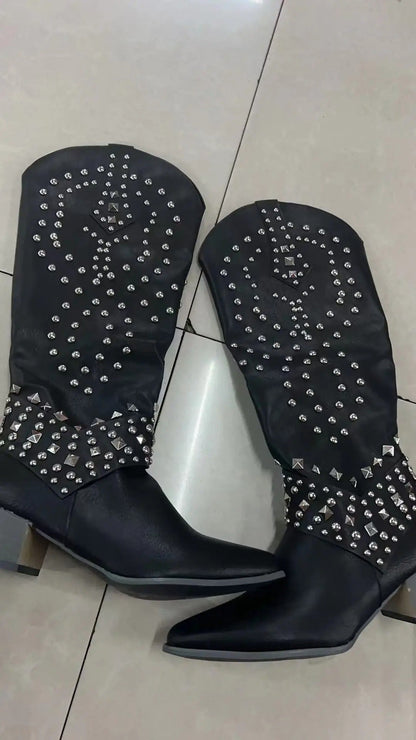 Thorne | Women's Studded Knee High Western Block Heel Boot