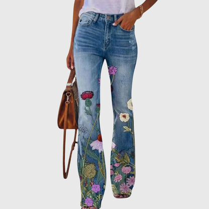 Fleur | Women's Floral Print High-Waisted Flared Jeans