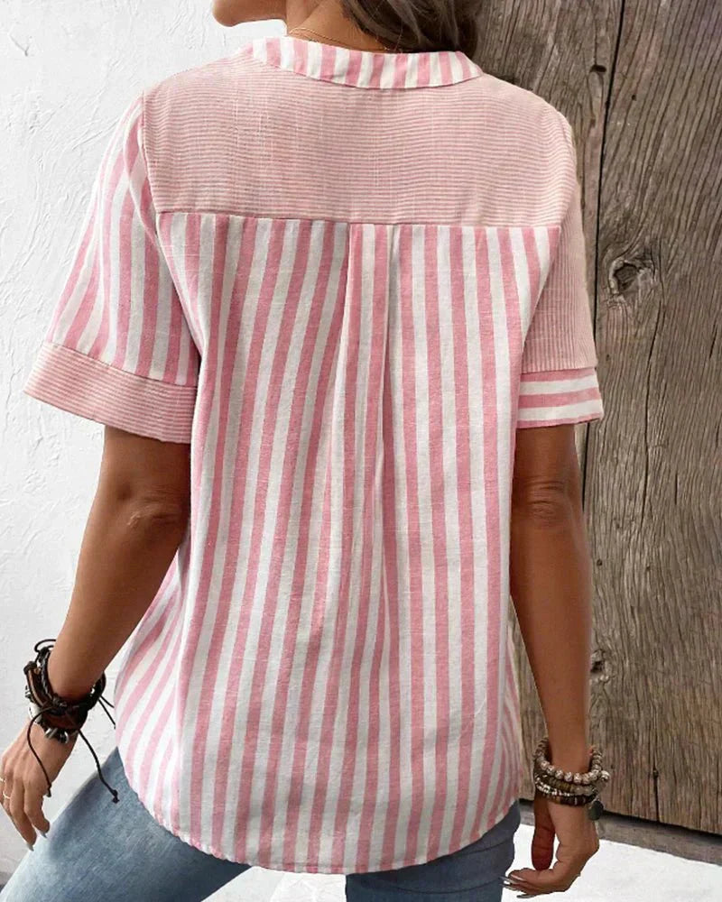 Monroe | Short Sleeve Striped Colorblock Stand Collar Relaxed Top