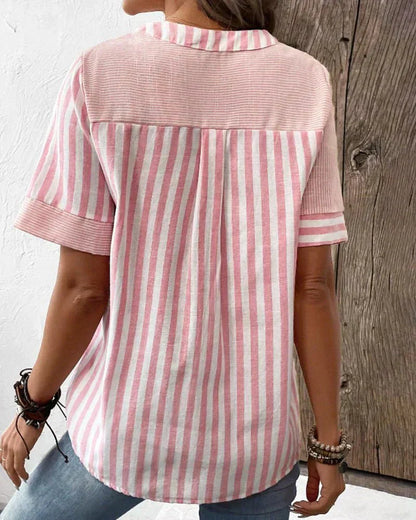 Monroe | Short Sleeve Striped Colorblock Stand Collar Relaxed Top