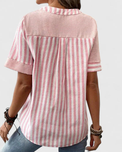 Gigi | Short Sleeve Striped Colorblock Stand Collar Casual Blouse