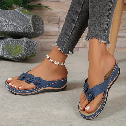 Pippa | Floral Appliqué Thong Wedge Slip On Orthopedic Sandal