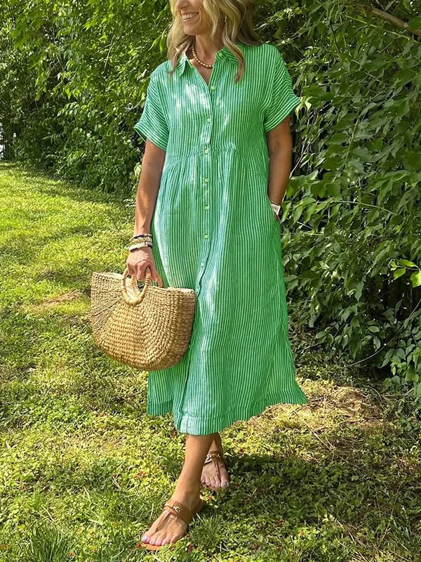 Brooke | Short Sleeve Striped Collared Button Up Casual Summer Midi Dress