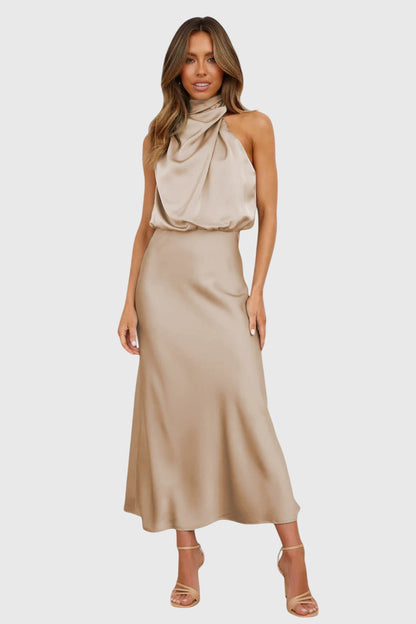 Ava | Draped High Neck Halter Sleeveless Satin Elegant Maxi Dress