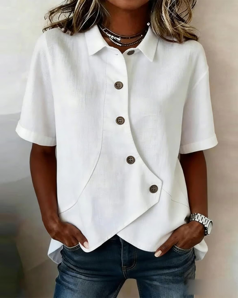 Marlowe | Women's Asymmetrical Placket Button Down Linen Blend Shirt