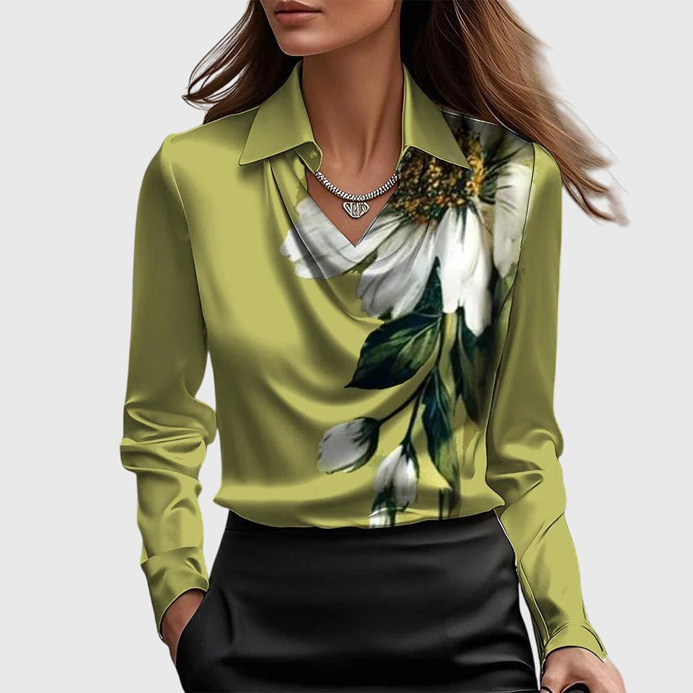 Brooklyn | Collared Cowl Neck Satin Long Sleeve Elegant Blouse