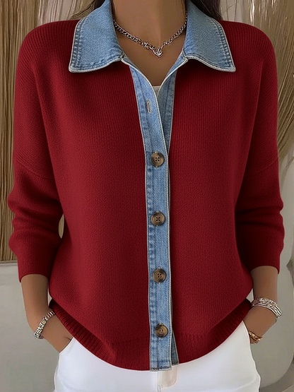 Brindle | Women's Polo Collar Denim Trim Knit Cardigan