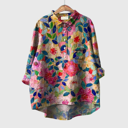 Elly | Floral Watercolor Long Sleeve Oversized Button Down Casual Blouse