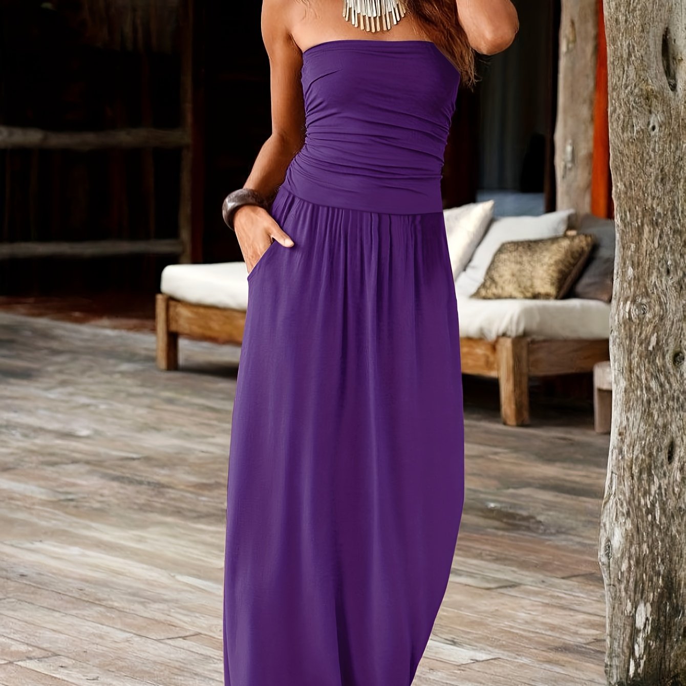 Marlowe | Women's Bandeau Ruched Pocket Maxi Dress