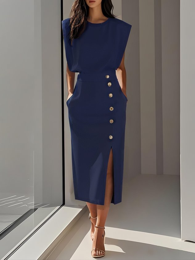 Quinn | Structured Shoulder Sleeveless Button Detail Midi Elegant Dress