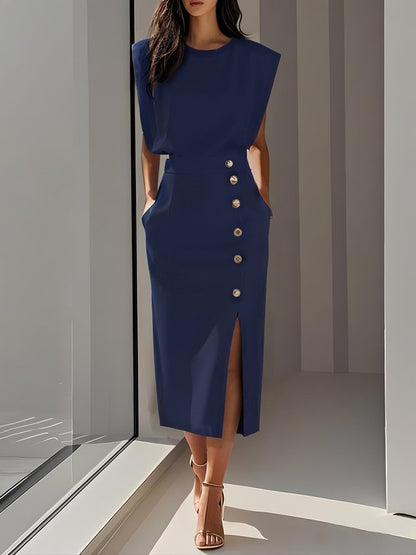 Quinn | Structured Shoulder Sleeveless Button Detail Midi Elegant Dress