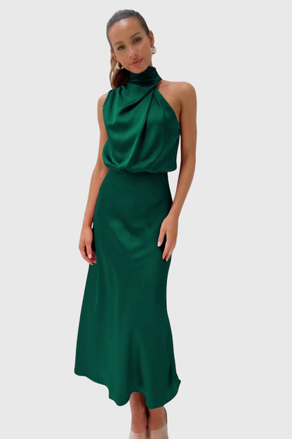 Ava | Draped High Neck Halter Sleeveless Satin Elegant Maxi Dress