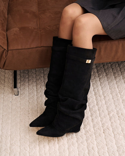 Noirenne | Slouchy Fold Over Knee High Hidden Wedge Boots