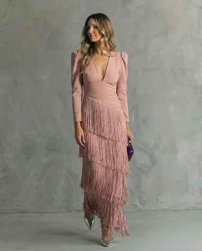 Esmeralda | Deep V Neck Puff Shoulder Long Sleeve Tiered Fringe Elegant Maxi Dress