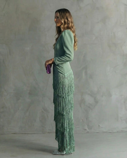 Esmeralda | Deep V Neck Puff Shoulder Long Sleeve Tiered Fringe Elegant Maxi Dress