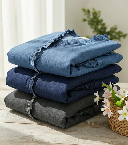 Delphine | Women's Denim V-Neck Ruffle Front Relaxed Shirt