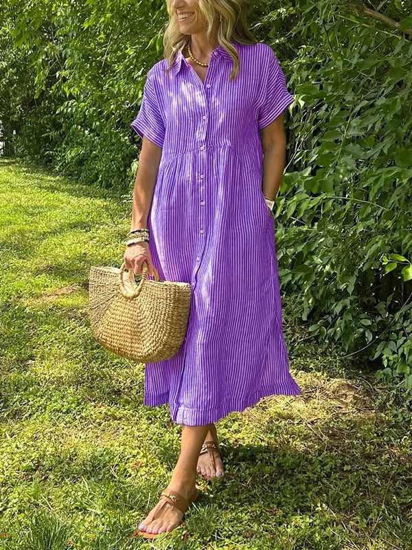 Brooke | Short Sleeve Striped Collared Button Up Casual Summer Midi Dress