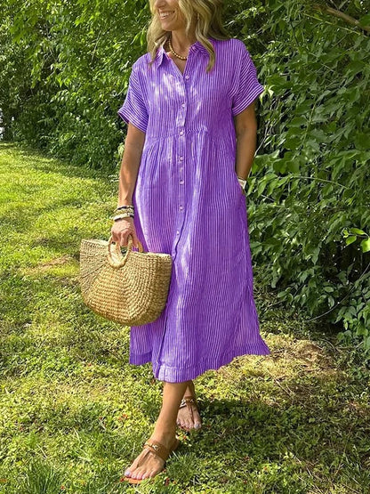 Brooke | Short Sleeve Striped Collared Button Up Casual Summer Midi Dress