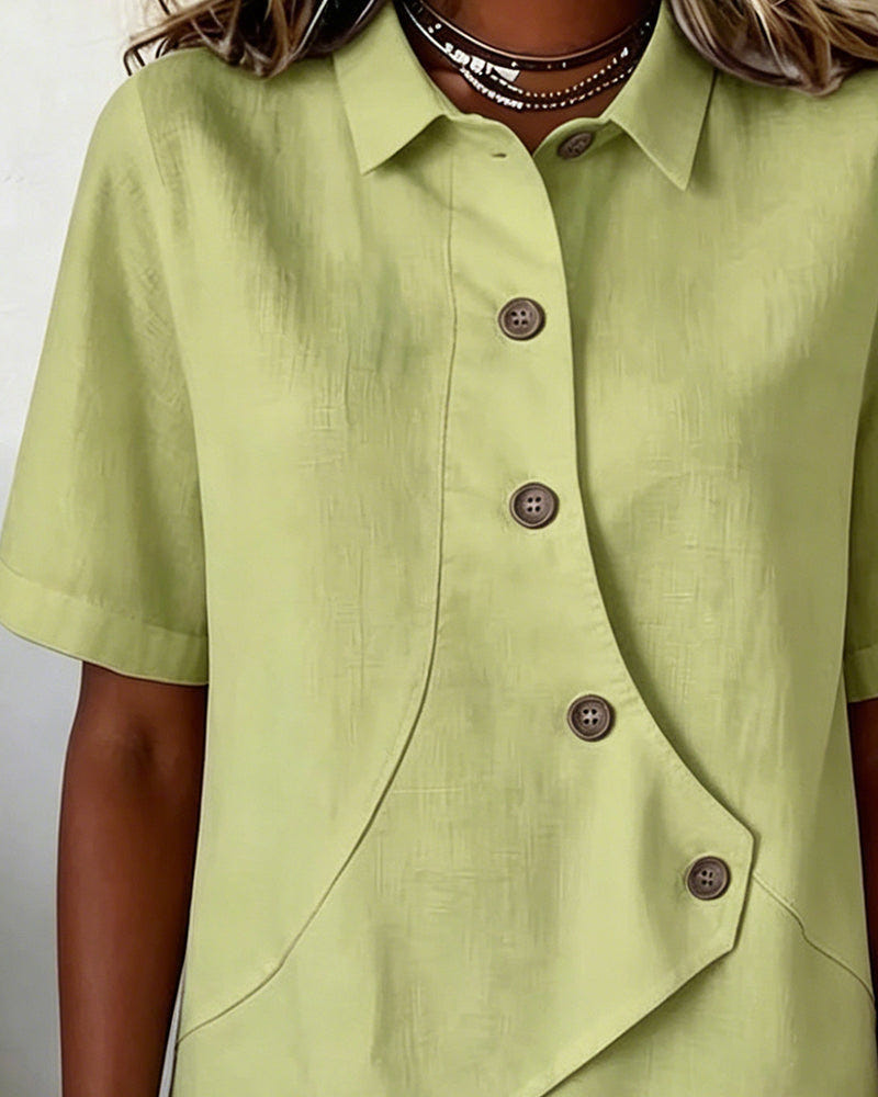 Marlowe | Women's Asymmetrical Placket Button Down Linen Blend Shirt