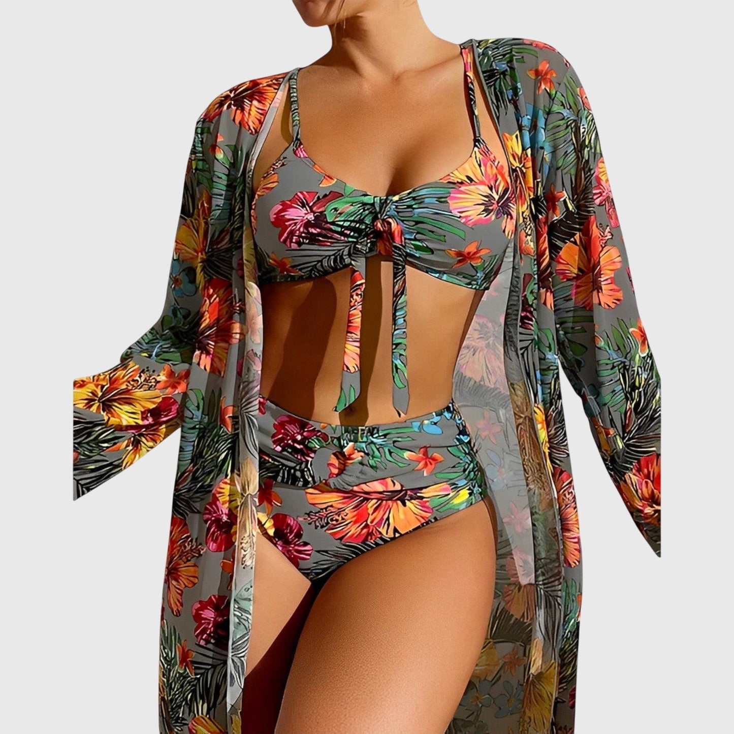 Tropica | Tropical Floral Print Tie Front High Waist Bikini Three Piece Set