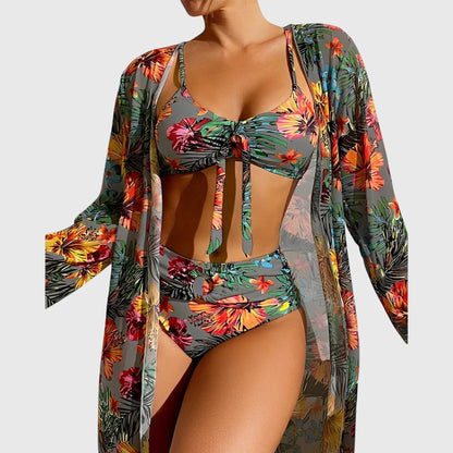 Tropica | Tropical Floral Print Tie Front High Waist Bikini Three Piece Set